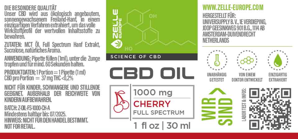 Etikett CBD Vollspektrum Öl - 1000mg - 30ml Cherry