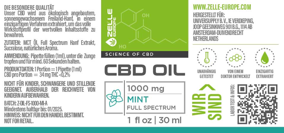Etikett CBD Vollspektrum Öl - 1000mg - 30ml Mint